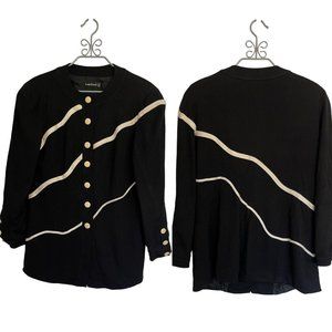 Louis Feraud Long Sleeve Button Down Cardigan Coat Jacket Black Ivory Size 10